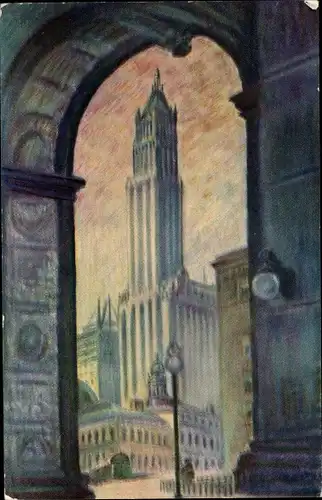 Ak New York City USA, The Woolworth Building from the Arch of the Municipal Building