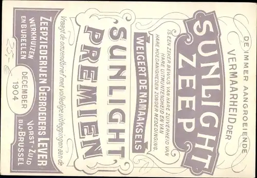 Litho Sunlight Savon, Zeepziederijen Gebroeders Kever, Vorst Zuid bij Brussel Werkhuizen en Bureelen