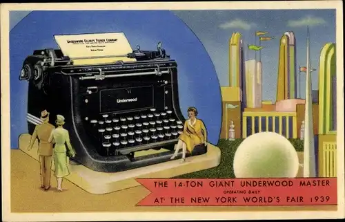 Ak New York City USA, World's Fair 1939, 14 Ton Giant Underwood Master, Typewriter, Schreibmaschine