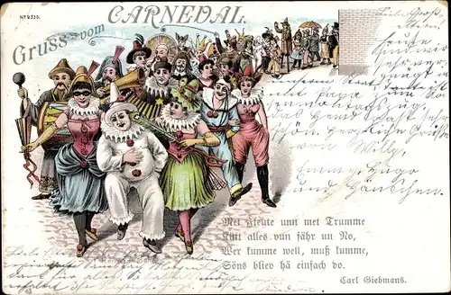 Litho Gruß vom Carneval, kostümierte Menschen, Faschingsumzug