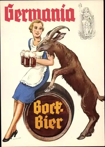 Künstler Ak Germania Bockbier, Kellnerin mit Bierkrügen, Ziegenbock, Reklame