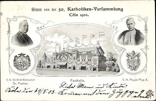 Wappen Ak Seche, N., Köln am Rhein, 50. Katholiken Versammlung 1903, Festhalle, Porträt Papst Pius X