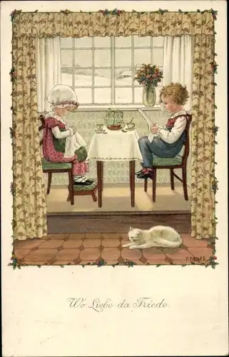 Künstler Ak Ebner, Pauli, Wo Liebe da Friede, Kinder lesen Zeitung und stricken zu Tisch, Katze