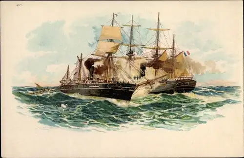 Litho Kampf zwischen Kanonenboot Meteor und Aviso Bouvet vor Havanna 1870