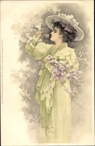 Litho Frau in gelbem Kleid mit Hut, Blütenzweige, Meissner Buch