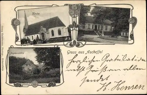 Jugendstil Ak Ascheffel im Kreis Eckernförde, Kirche, Pastorat, Papiermühle