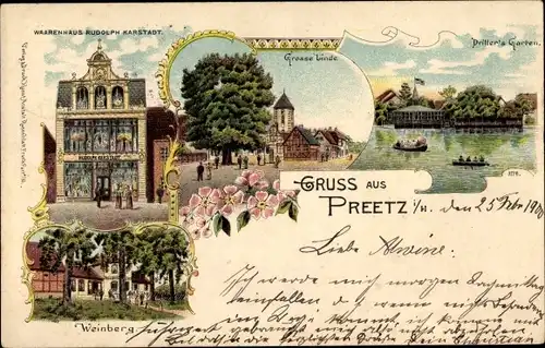 Litho Preetz in Holstein, Warenhaus Rudolph Karstadt, Große Linde, Weinberg, Drillers Garten