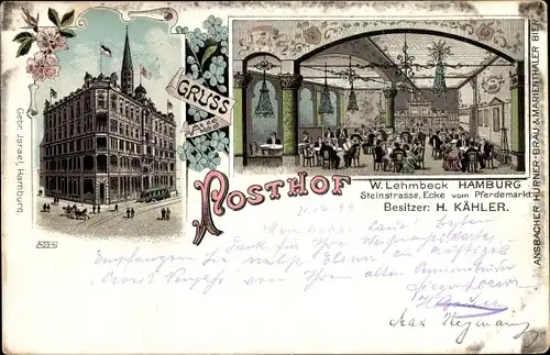Litho Hamburg Mitte Wilhelmsburg, Gasthaus Posthof, Steinstraße, Ecke Pferdemarkt, Innenansicht