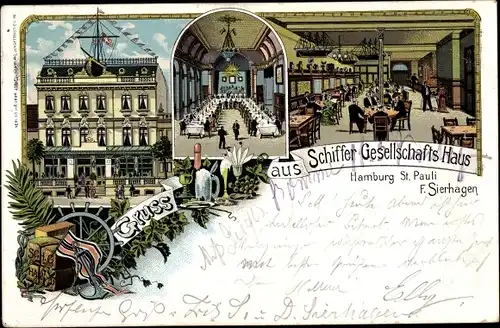 Litho Hamburg Mitte St. Pauli, Schiffer Gesellschaftshaus, Innenansicht