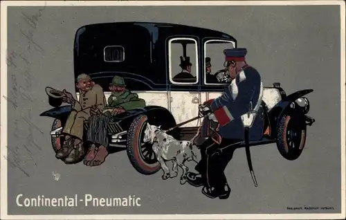 Künstler Ak Continental Pneumatic, Reklame, Auto, Landstreicher, Polizist