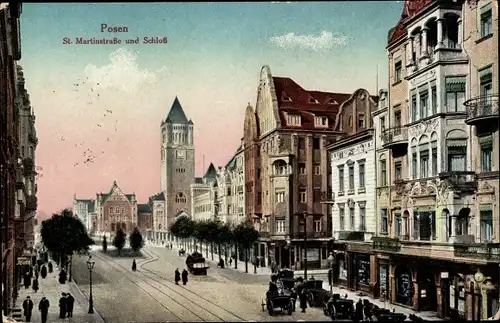 Ak Poznań Posen, St. Martinstraße und Schloss