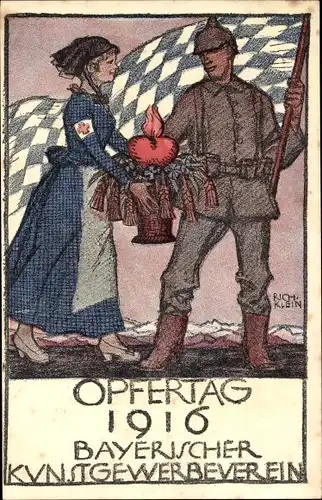 Künstler Ak Klein, Richard, Opfertag 1916, Bayerischer Kunstgewerbeverein, Rotes Kreuz