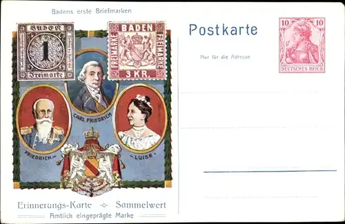 Ganzsachen Ak Badens erste Briefmarken, Friedrich, Luise, Carl Friedrich