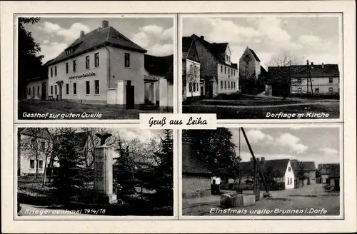 Ak Leiha Roßbach Braunsbedra, Gasthof Zur guten Quelle, Dorflage, Kirche, Kriegerdenkmal