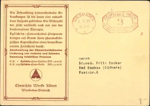 Ak Behandlung hämorrhoidaler Erkrankungen 1939, Xylidrin, Chemische Werke Albert, Wiesbaden Biebrich