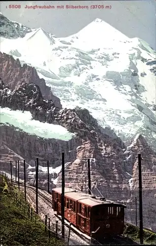 Ak Kanton Bern Schweiz, Jungfraubahn mit Silberhorn, Zahnradbahn