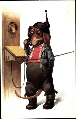 Ak Dackel hier, wer dort, vermenschlichter Hund am Telefon