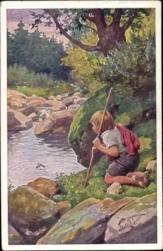 Künstler Ak Feiertag, K., Am murmelnden Quell, Kind