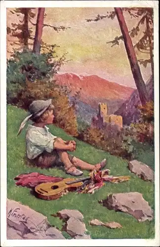 Künstler Ak Feiertag, K., Junge blickt auf ein Schloss, Geige, Wiese