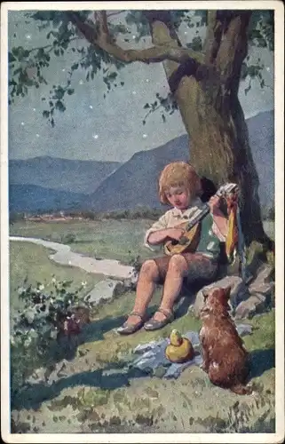 Künstler Ak Feiertag, K., Kind spielt Mandoline, Baum, Hund