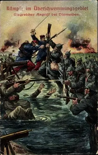 Künstler Ak Diksmuide Dixmude Westflandern, Kämpfe im Überschwemmungsgebiet
