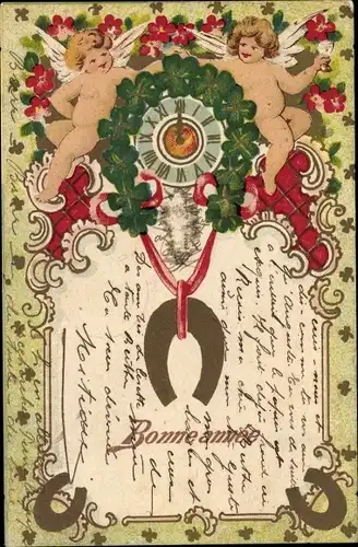 Litho Glückwunsch Neujahr, Uhr, Engel, Kleeblätter, Hufeisen