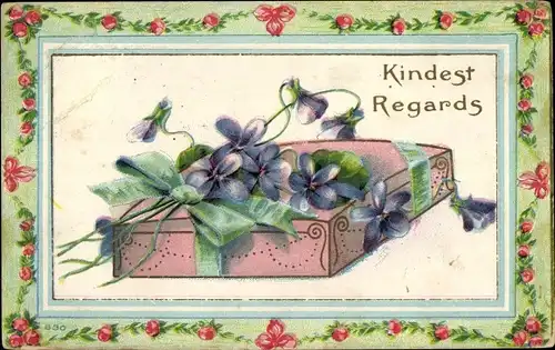 Ak Kindest regards, Geschenk mit Veilchen, Rosen