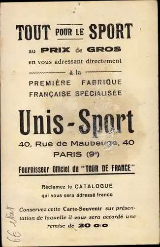 Ak Radrennfahrer C. Speicher, Cyclo Sport, Unis Sport, Rue de Maubeuge, Paris IX