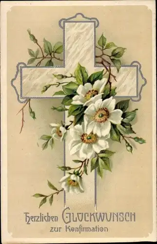 Ak Glückwunsch Konfirmation, Kreuz, weiße Rosenblüten