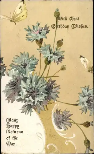 Präge Litho Glückwunsch Geburtstag, Kornblumen, Schmetterlinge