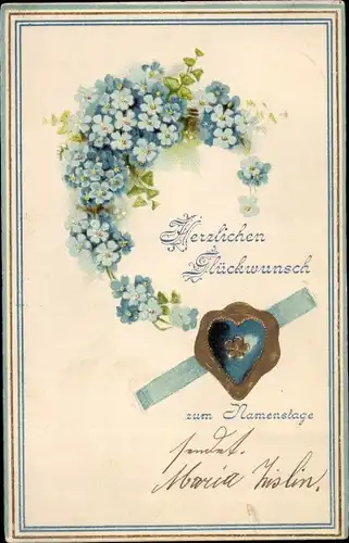 Präge Litho Glückwunsch Namenstag, Vergissmeinnicht