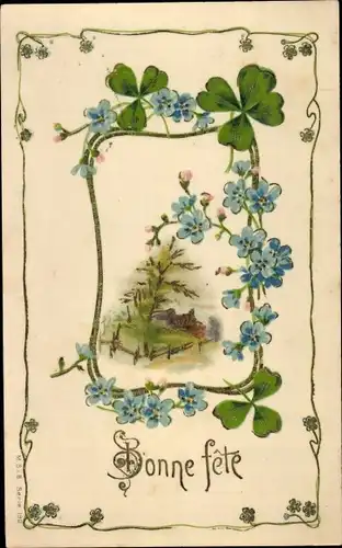 Präge Litho Glückwunsch, Kleeblätter, Vergissmeinnicht