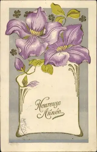 Präge Litho Glückwunsch Neujahr, Lila Blüten