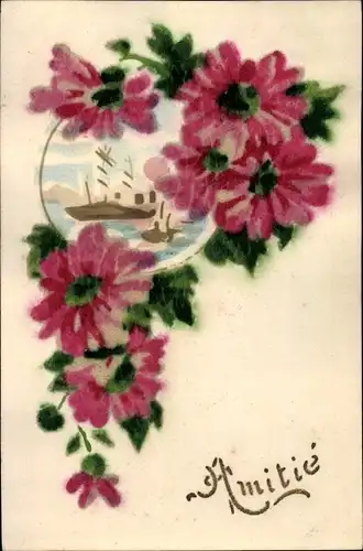 Ak Amitie, Rote Blüten, Segelsboote
