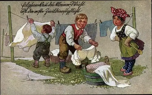 Ak Folgsamkeit du kleiner Wicht, ist die erste Zivildienstpflicht, Jungen hängen Wäsche auf