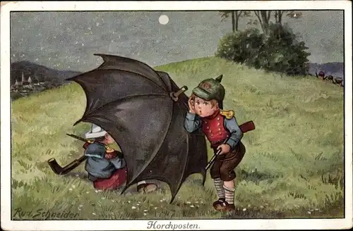 Künstler Ak Schneider, Rud., Horchposten, Kinder in Uniformen, Regenschirm