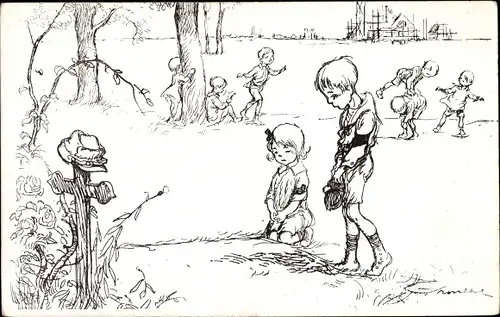 Künstler Ak Poulbot, Francisque, Kinder, Kreuz, Grab, Orphelinat des Armées