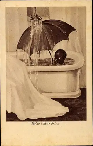 Künstler Ak Zahl, H., Meine schöne Frisur, Kind mit Regenschirm in der Badewanne