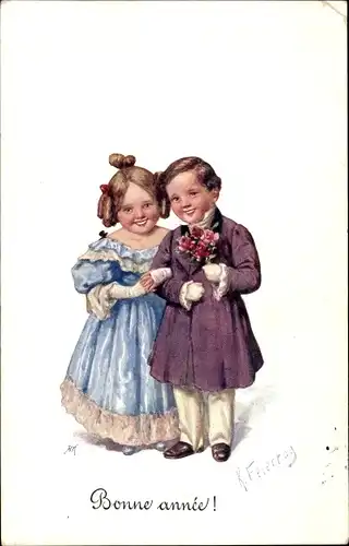 Künstler Ak Feiertag, Karl, Glückwunsch Neujahr, Kinder, Blumenstrauß