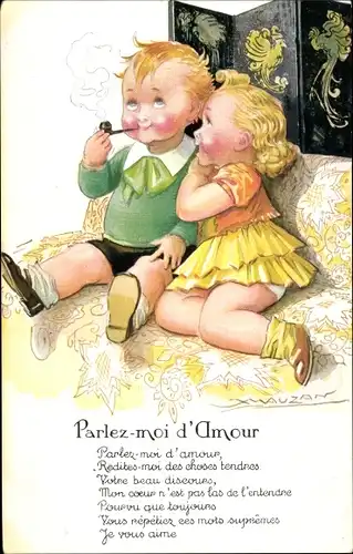 Künstler Ak Mauzan, Parlez moi d'Amour, Junge raucht Pfeife, Mädchen