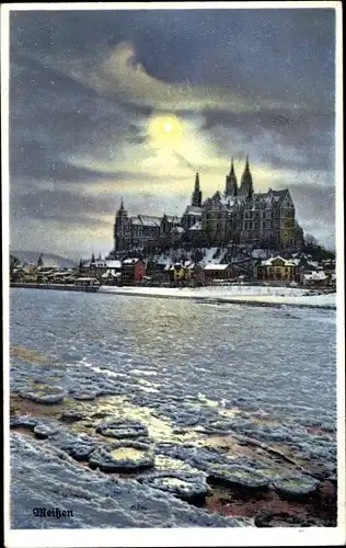 Ak Meißen an der Elbe, Albrechtsburg im Winter, Mondlicht