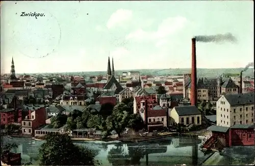 Ak Zwickau Sachsen, Blick auf den Ort, Schornstein