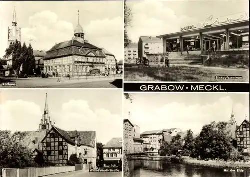 Ak Grabow in Mecklenburg, Rathaus, Willi Fründt Straße, Einkaufszentrum, An der Elde