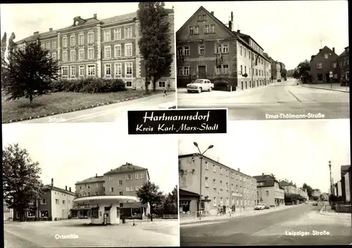 Ak Hartmannsdorf, Schule, Ernst-Thälmann-Straße, Leipziger Straße, Ortsmitte