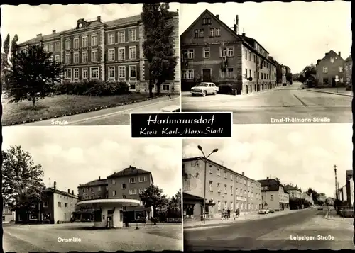 Ak Hartmannsdorf, Schule, Ernst-Thälmann-Straße, Leipziger Straße, Ortsmitte