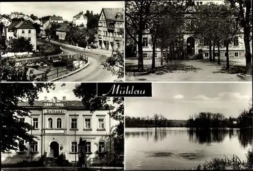Ak Mühlau Sachsen, Straßenpartie, Rathaus, Standesamt, Teich, Schule