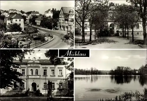 Ak Mühlau Sachsen, Straßenpartie, Rathaus, Standesamt, Teich, Schule