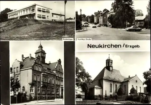 Ak Neukirchen im Erzgebirge, Kinderkrippe, Rathaus, Kirche, Karl-Marx-Straße