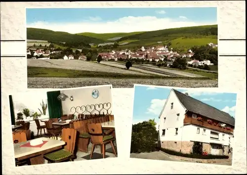 Ak Rengshausen Knüllwald in Hessen, Gasthaus Hessenstube, Speiseraum, Ortspanorama