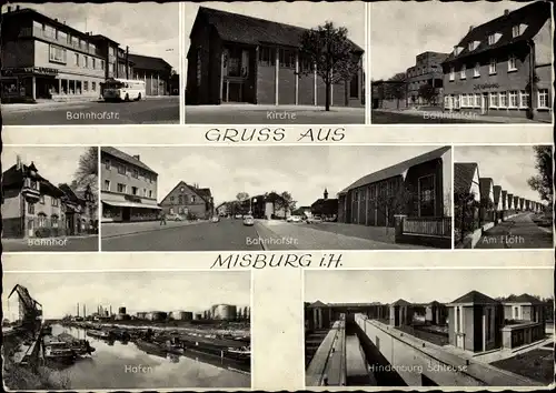 Ak Misburg Hannover, Bahnhofstraße, Bahnhof, Am Flöth, Hafen, Hindenburgschleuse